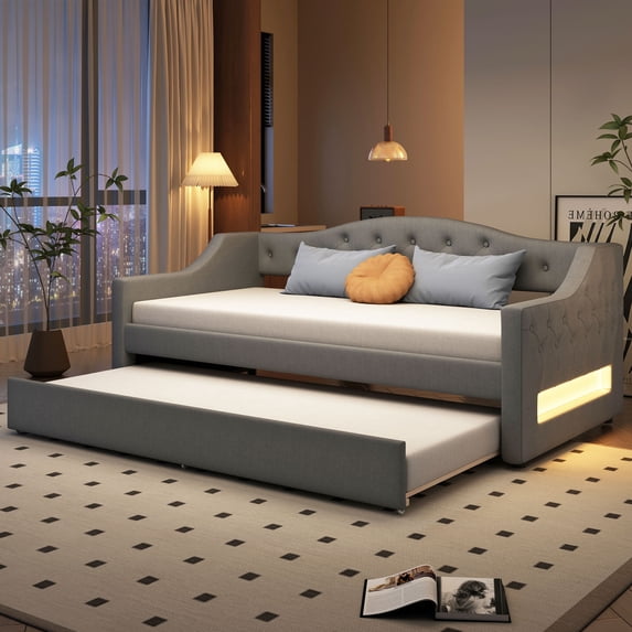 Euroco Upholstery Twin XL Daybed with Trundle and LED Light, Gray