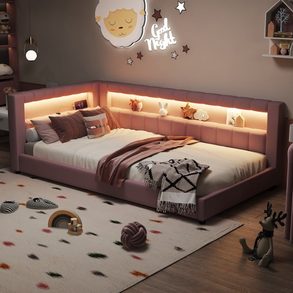 Euroco Upholstery Twin XL Platform Bed with LED Light and USB Ports, Pink