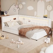 Euroco Upholstery Twin XL Platform Bed with LED Light and USB Ports, White
