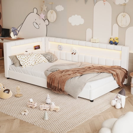 Euroco Upholstery Twin XL Platform Bed with LED Light and USB Ports, White