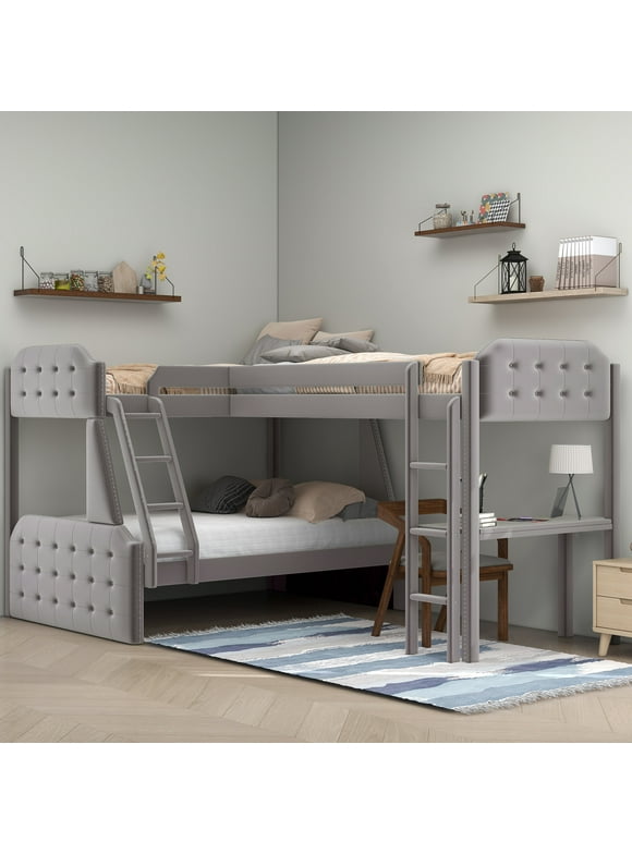 Euroco Upholstery Twin over Full Bunk Bed, Twin Size Loft Bed with Built-in Desk, 3-in-1 Bunk Bed, Solid Upholstered Wood Frame for Kids Room, Gray