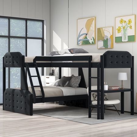 Euroco Upholstery Twin over Full Bunk Bed, Twin Size Loft Bed with Built-in Desk, 3-in-1 Bunk Bed, Solid Upholstered Wood Frame for More Kids Teens, Black