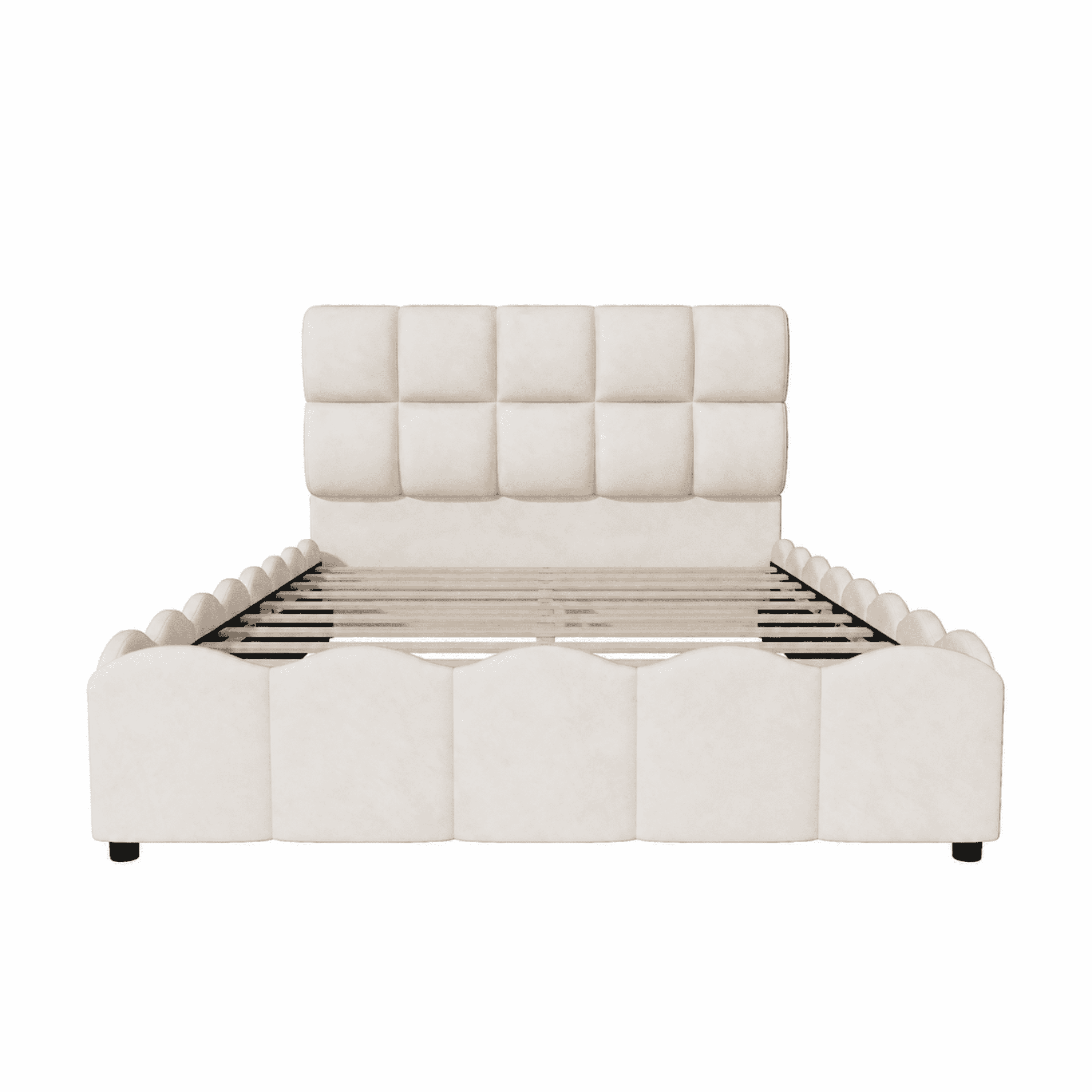 Euroco Upholstery Velvet Full Size Platform Bed with Tall Panel Headboard, No Box Spring Needed, Beige