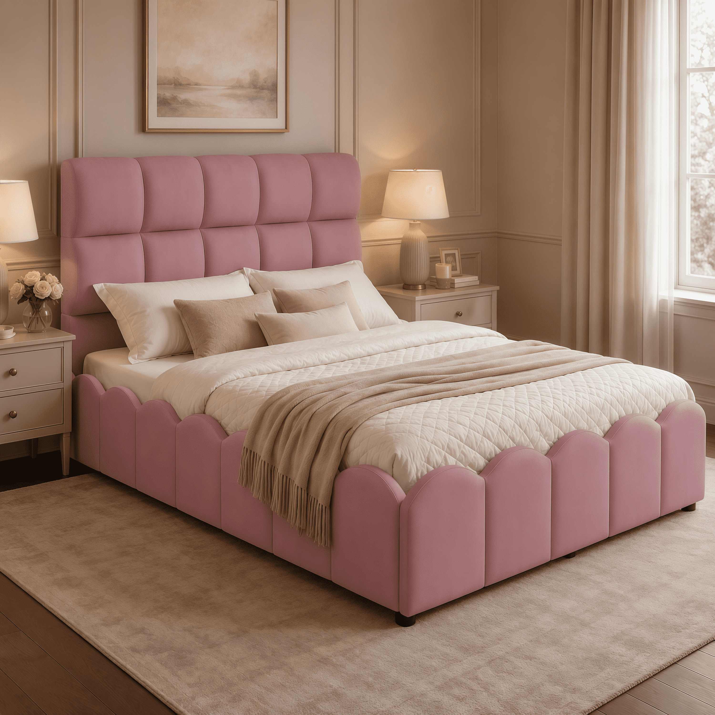 Euroco Upholstery Velvet Full Size Platform Bed with Tall Panel Headboard, No Box Spring Needed, Pink
