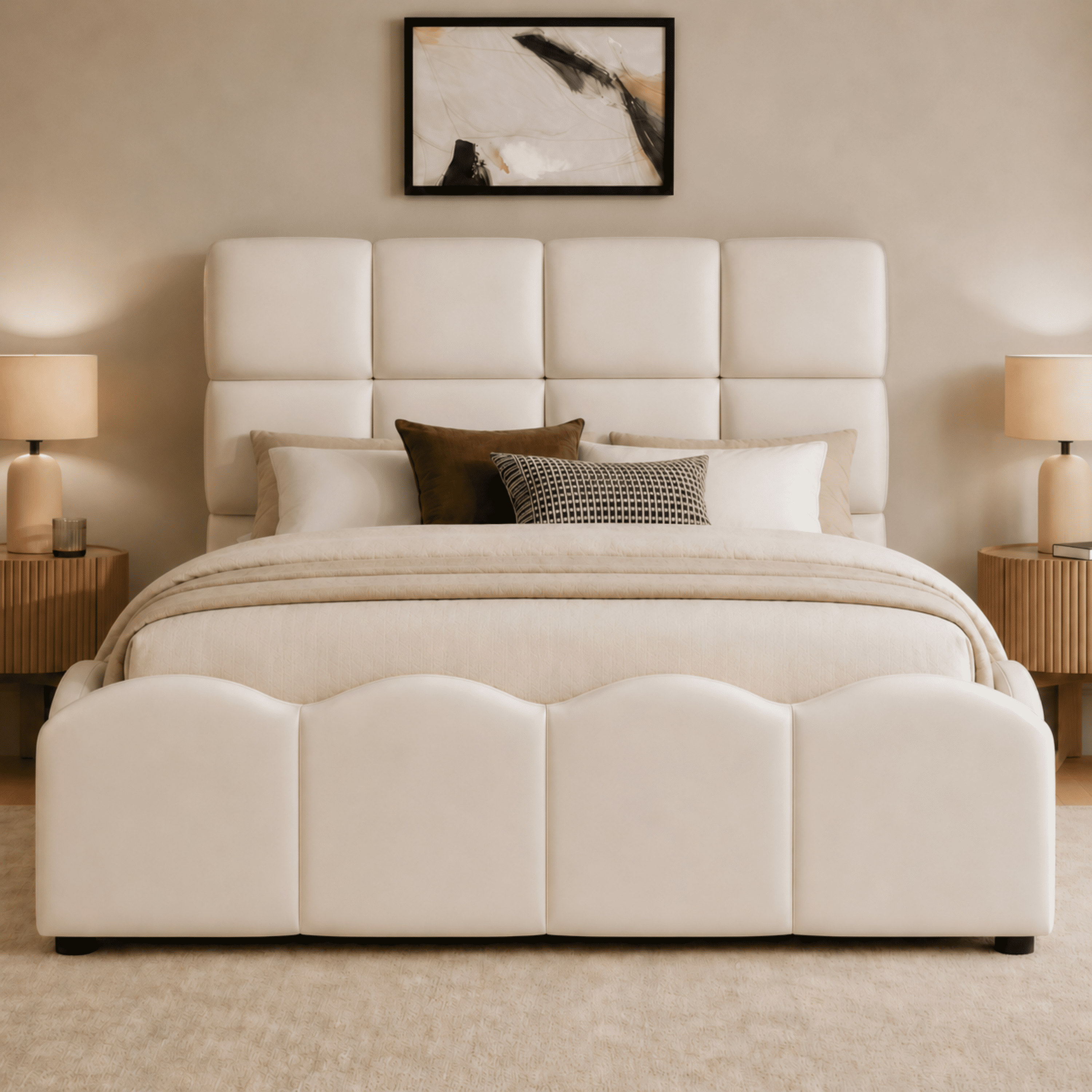 Euroco Upholstery Velvet Twin Size Platform Bed with Tall Panel Headboard, No Box Spring Needed, Beige