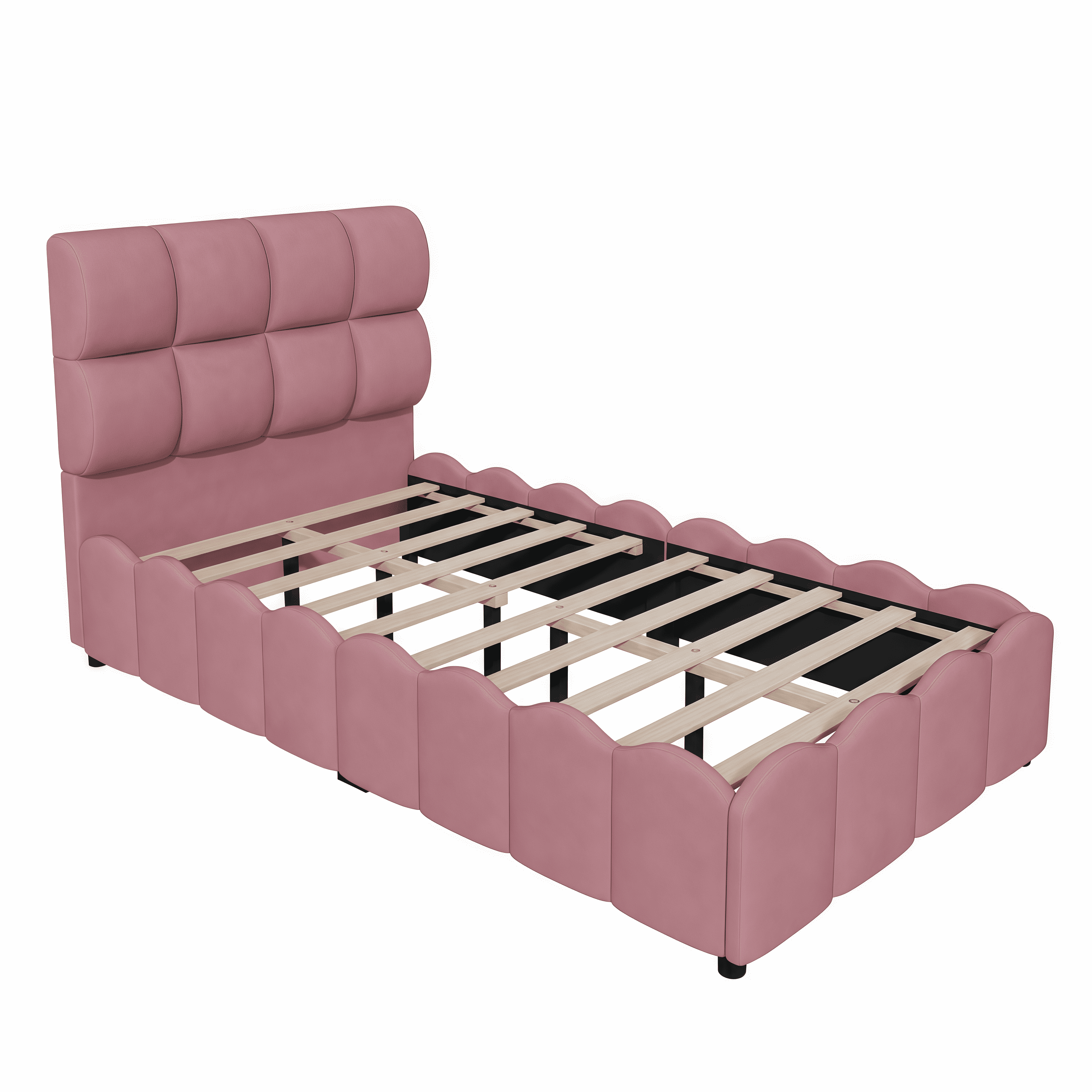 Euroco Upholstery Velvet Twin Size Platform Bed with Tall Panel Headboard, No Box Spring Needed, Pink