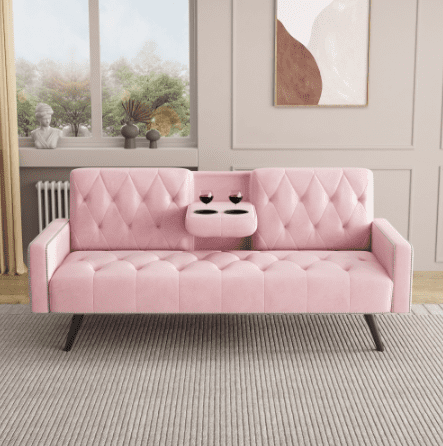 Euroco Velvet Convertible Sofa Bed with Tufted Backrest, Nailhead Trim, and Adjustable Positions – Modern Sleeper Couch for Living Room or Apartment
