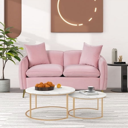 Euroco Velvet Loveseat Sofa, Upholstered Loveseat Couch with 2 Pillows Modern Sofa with Golden Metal Legs for Living Room, Apartment, Pink, 57.8"
