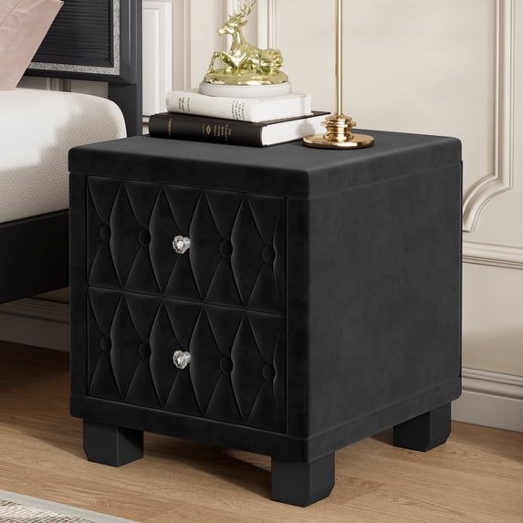 Euroco Velvet Nightstand with 2 Storage Drawers and Crystal Handle,Bedside Table End Table with Button-Tufted for Bedroom Living Room,Black