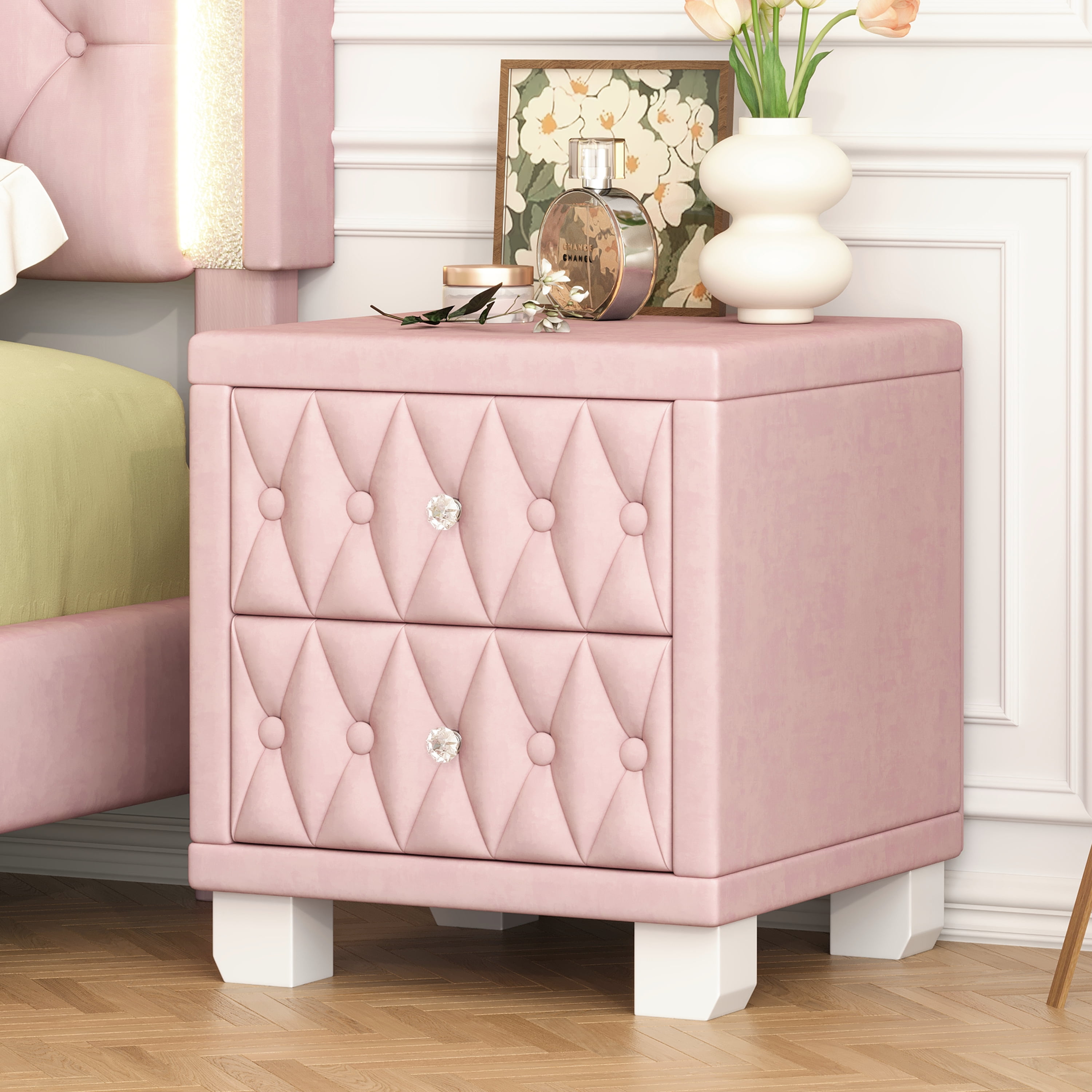Euroco Velvet Nightstand with 2 Storage Drawers and Crystal Handle,Bedside Table End Table with Button-Tufted for Bedroom Living Room,Pink