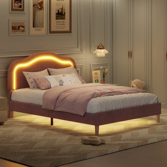 Euroco Velvet Upholstered Twin Size Platform Bed with Adjustable Height Headboard and LED Light, Pink