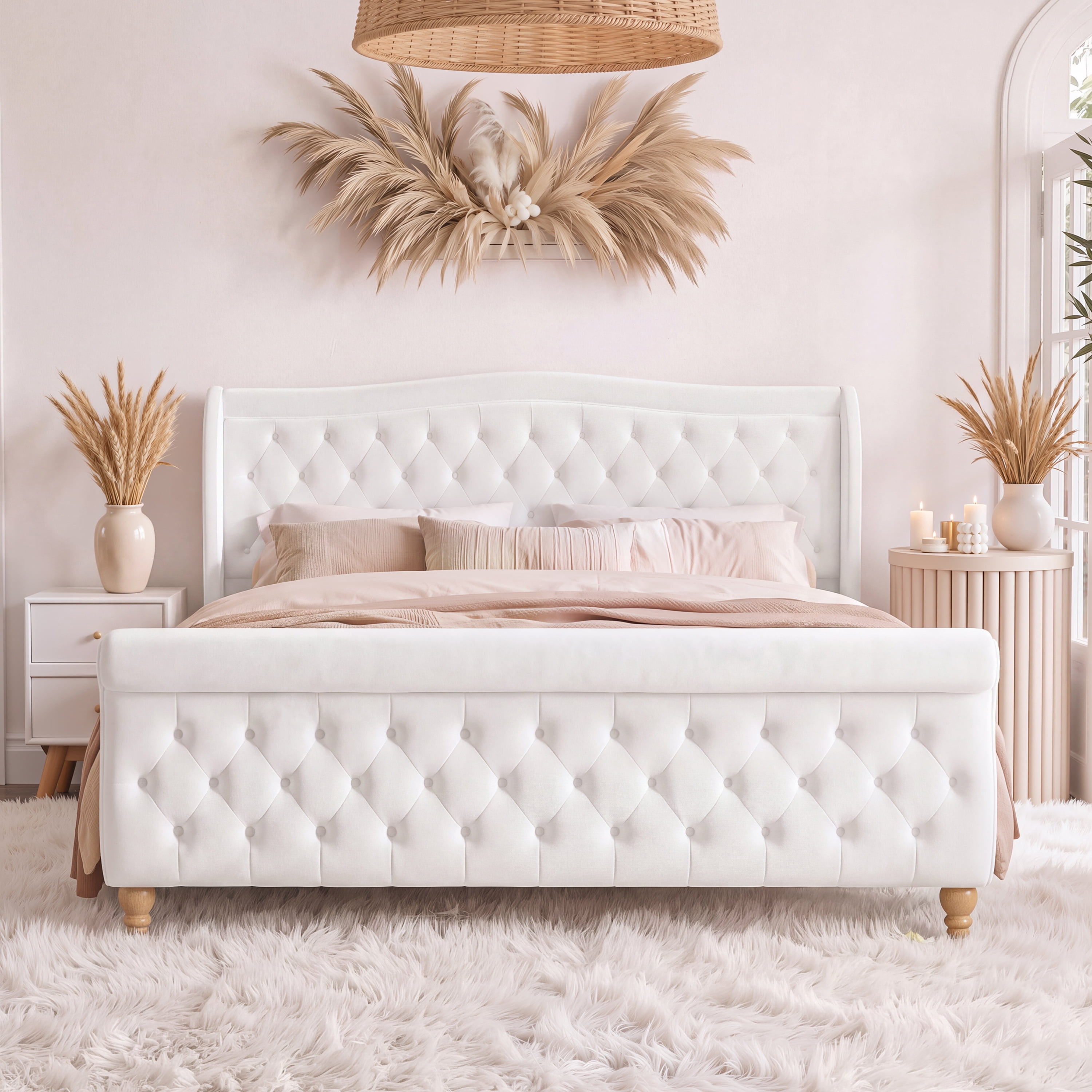 Euroco Velvet Upholstery King Size Platform Bed, Button Tufted Sleigh Bed Frame, No Box Spring Needed, Beige