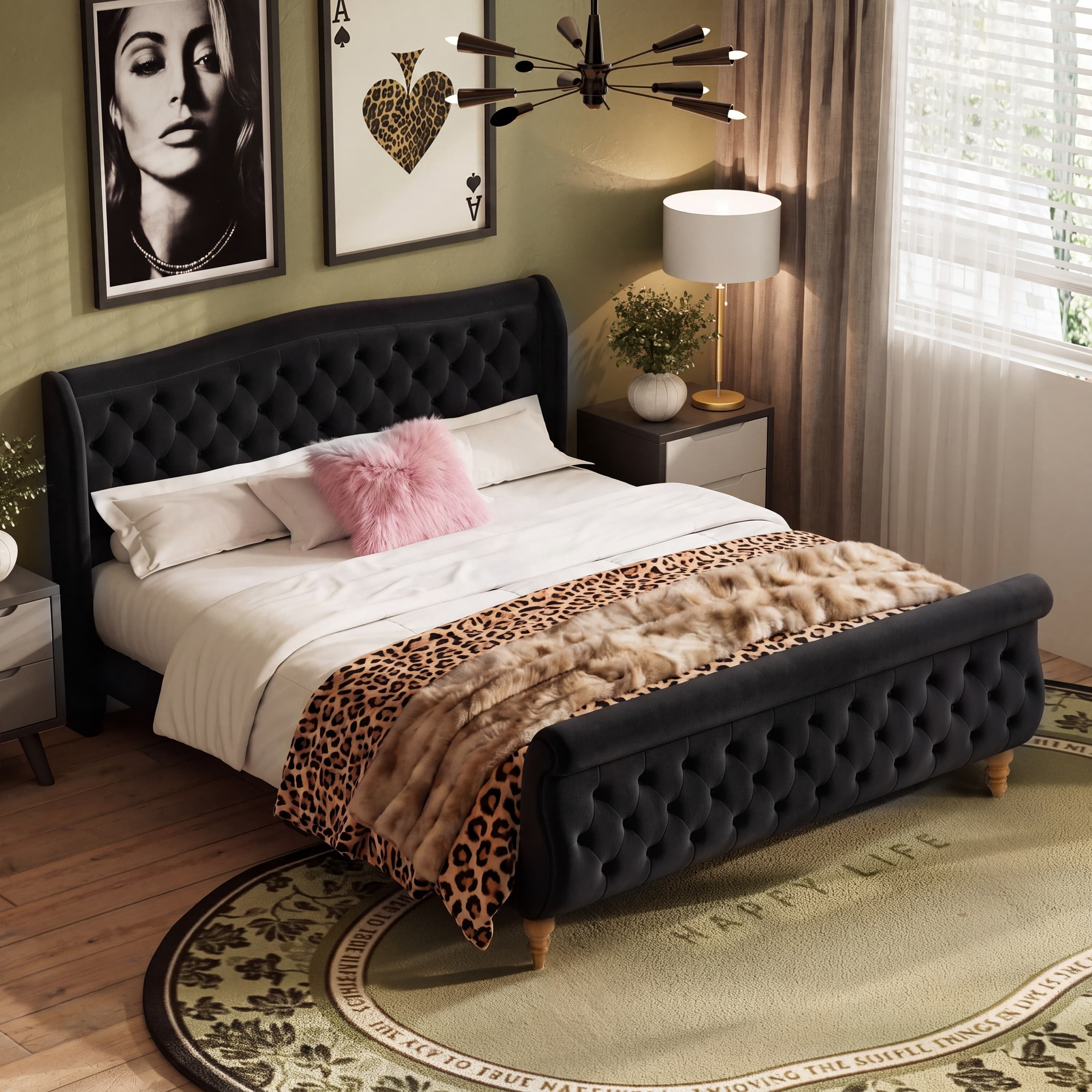 Euroco Velvet Upholstery King Size Platform Bed, Button Tufted Sleigh Bed Frame, No Box Spring Needed, Black