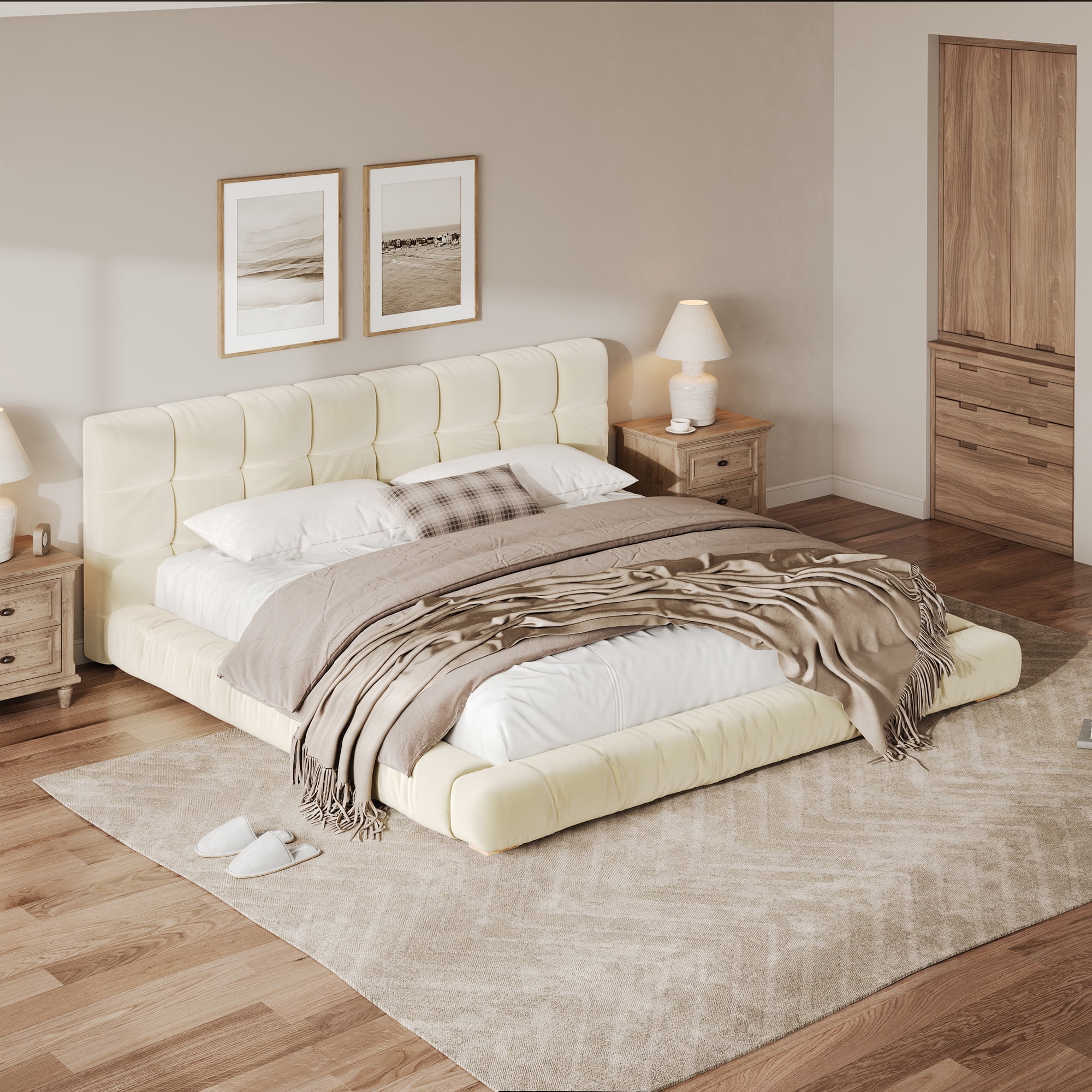 Euroco Velvet Upholstery King Size Platform Bed with Channel Tufted Headboard, Beige