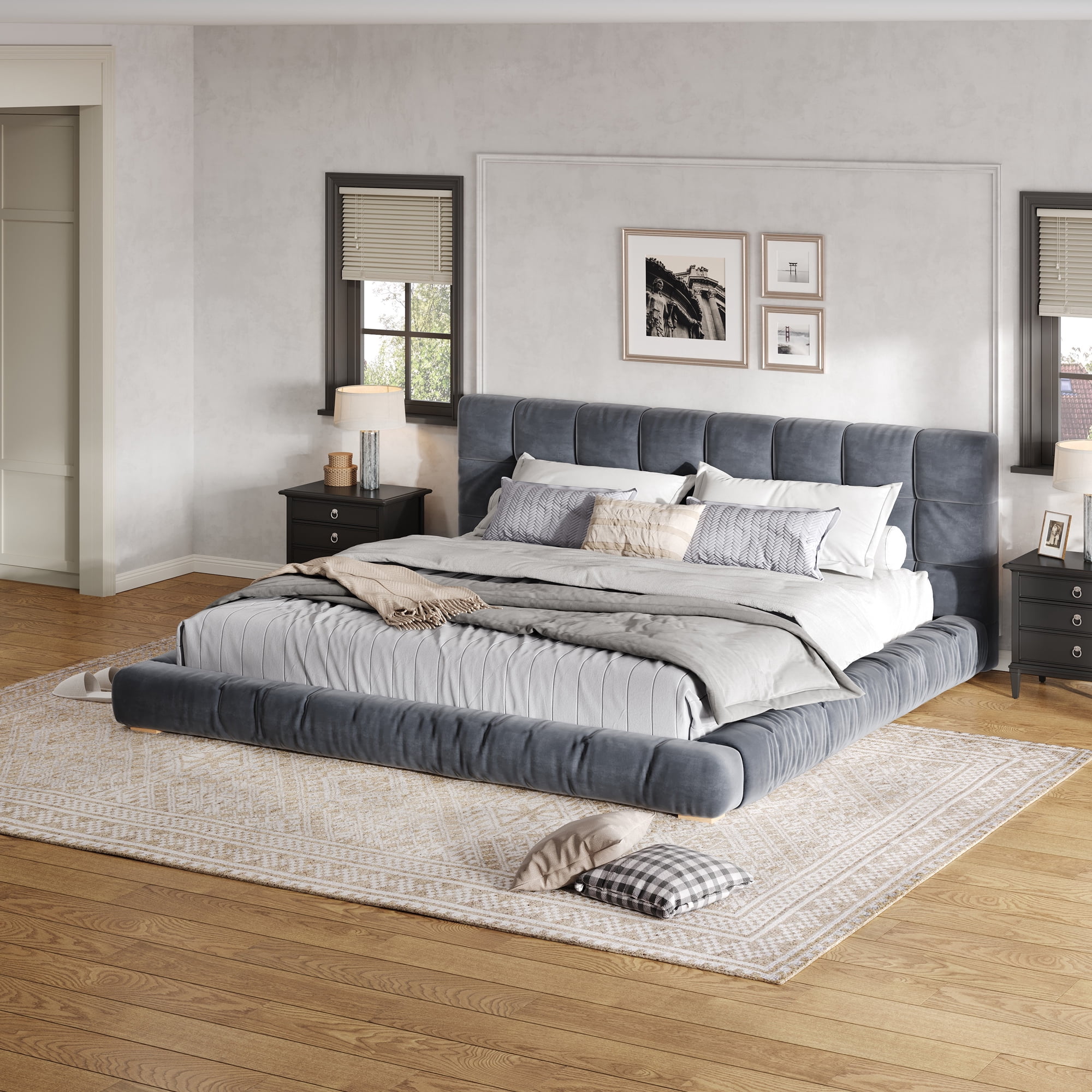 Euroco Velvet Upholstery King Size Platform Bed with Channel Tufted Headboard, Gray