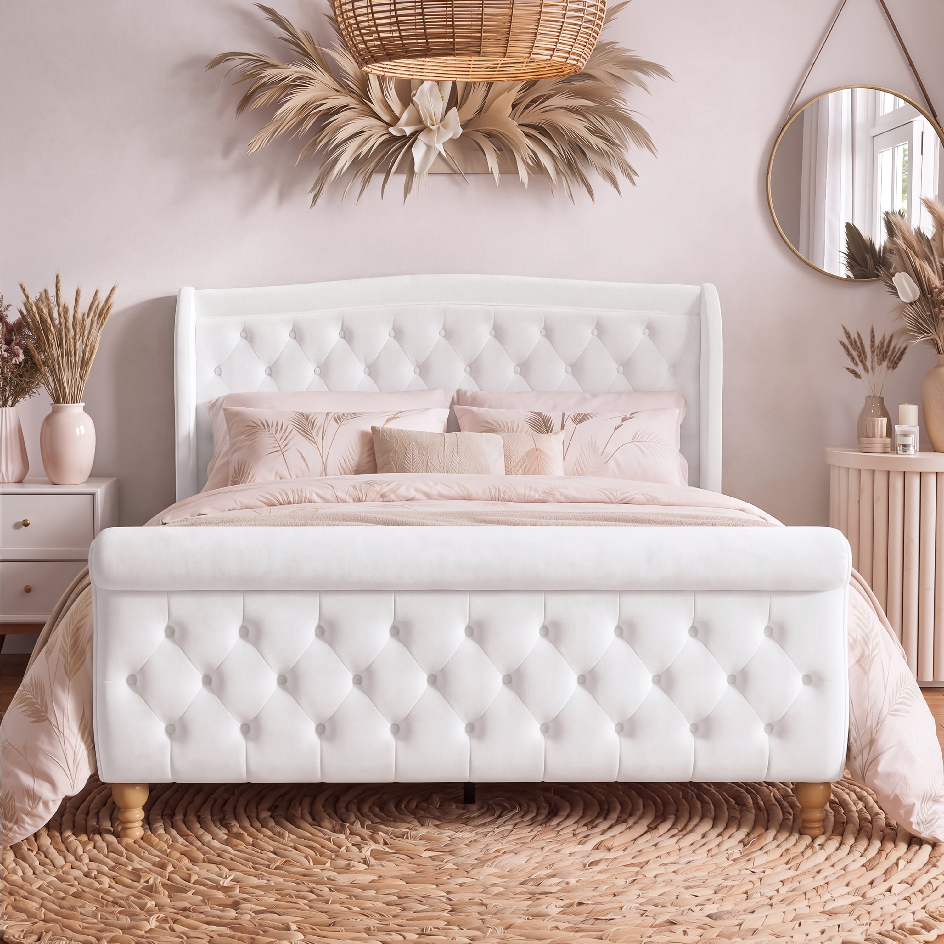 Euroco Velvet Upholstery Queen Size Platform Bed, Button Tufted Sleigh Bed Frame, No Box Spring Needed, Beige