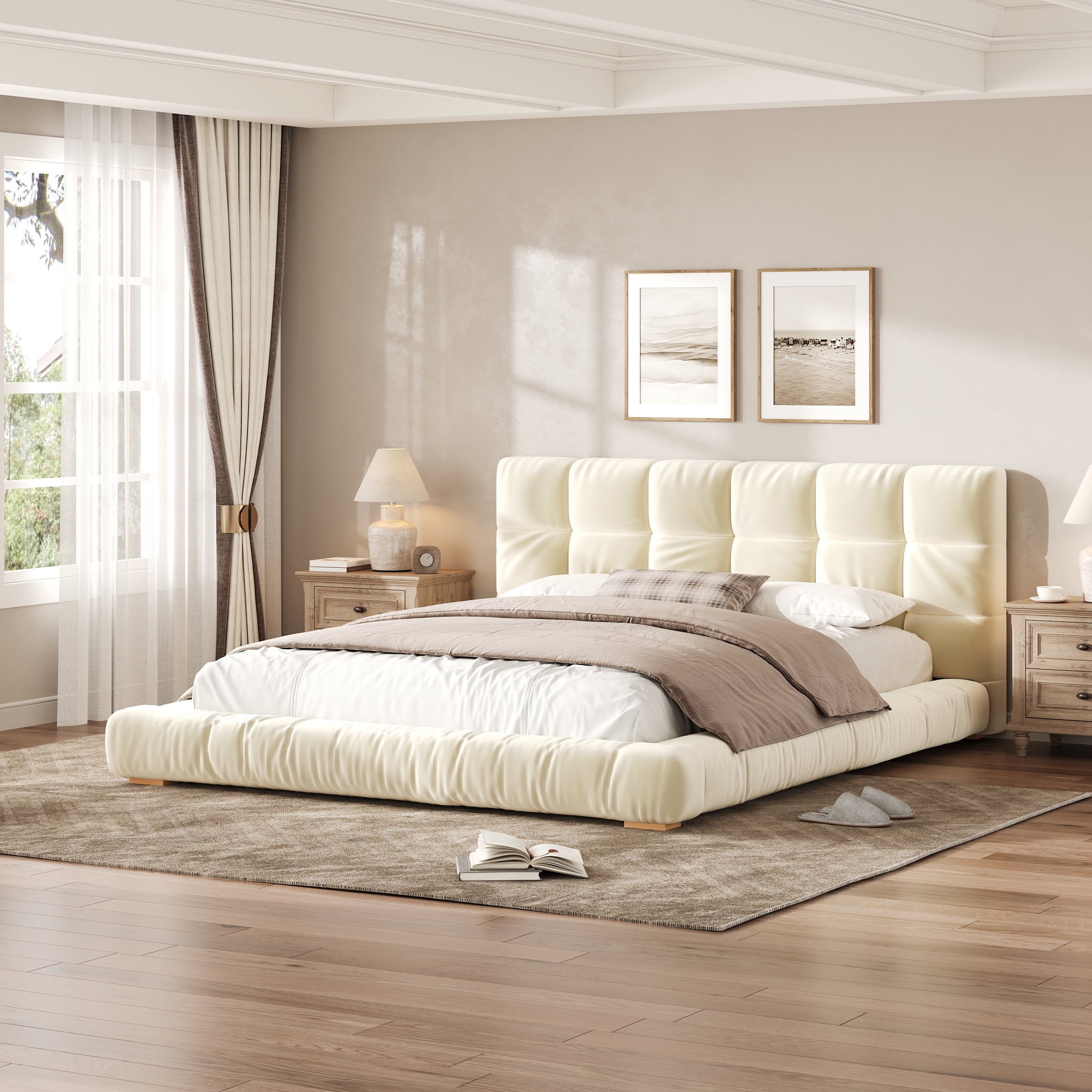 Euroco Velvet Upholstery Queen Size Platform Bed with Channel Tufted Headboard, Beige