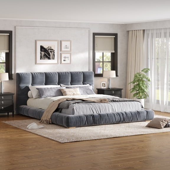 Euroco Velvet Upholstery Queen Size Platform Bed with Channel Tufted Headboard, Gray