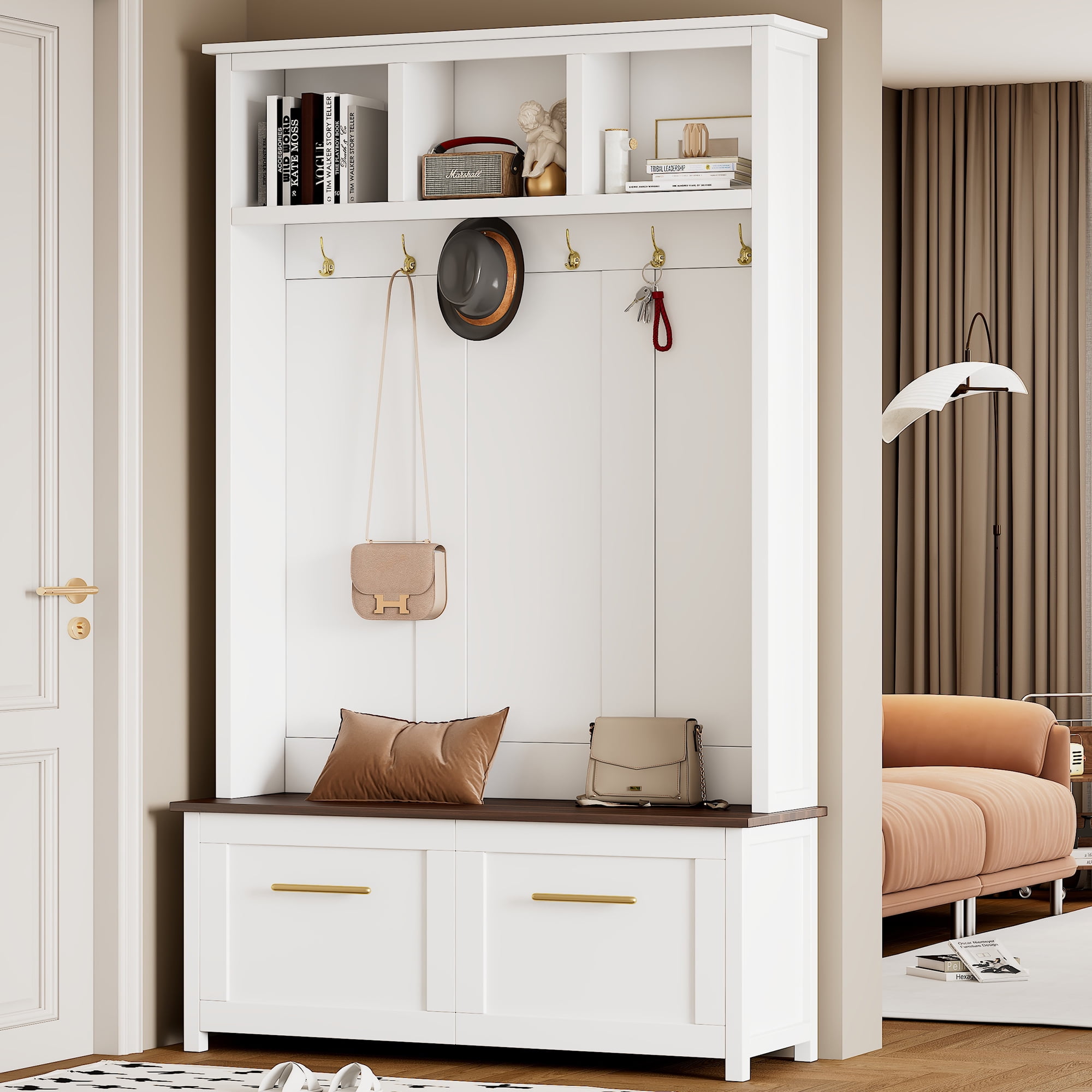 Euroco Versatile 4-in-1 Hall Tree with 6 Golden Hooks, Wood Grain Bench, Entryway Coat Rack with 2 Drawers for Living Room, White