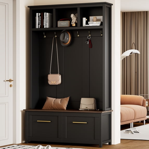 Euroco Versatile 4-in-1 Hall Tree with 6 Golden Hooks, Wood Grain Bench with Multiple Storage Space, Entryway Coat Rack with 2 Drawers for Living Room
