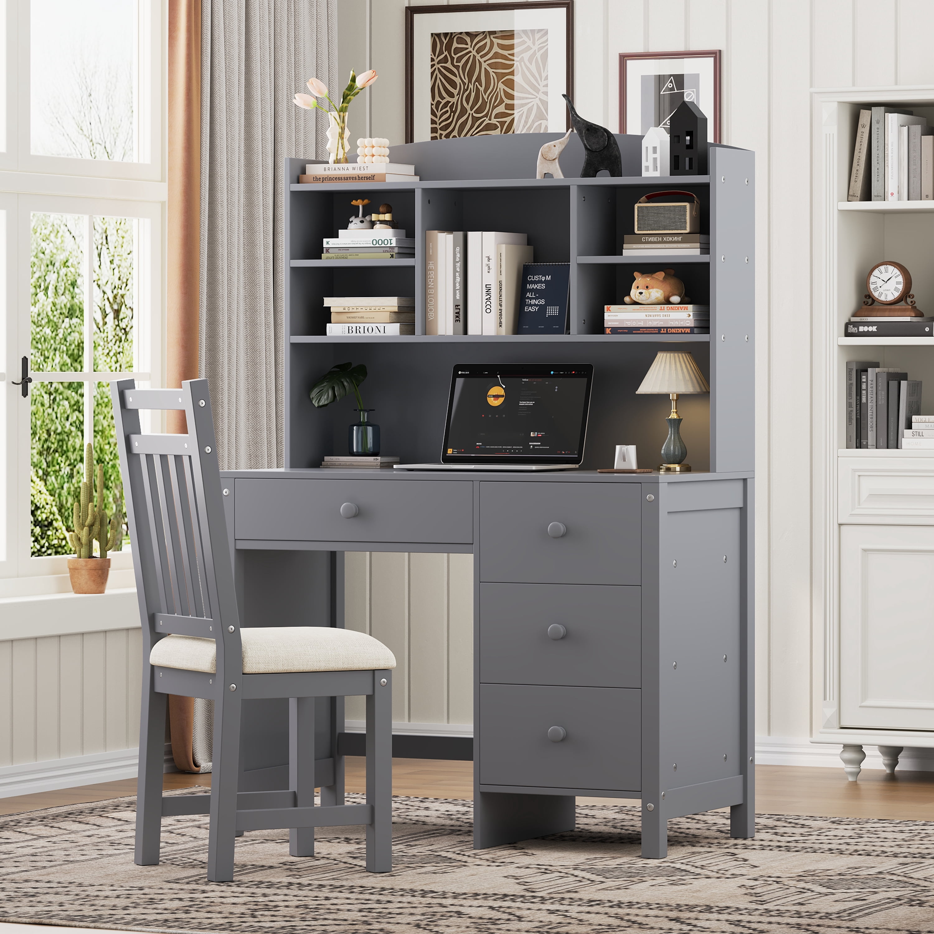 Euroco Vintage 40'' Home Executive Desk and Upholstered Chair Set with Bookshelf, Computer Desk with Four Drawers, Storage Shelf, and Chair