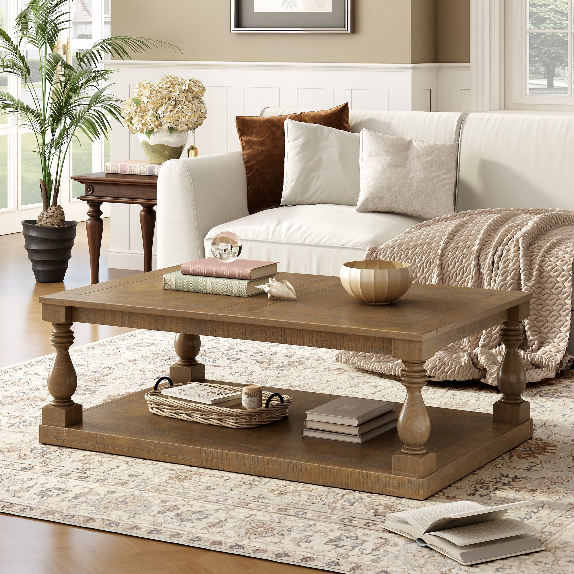 Euroco Vintage Coffee Table with Vase Column Legs, Pine Veneer Top and Solid Rubberwood Frame – Retro Living Room Center Table, Easy Assembly