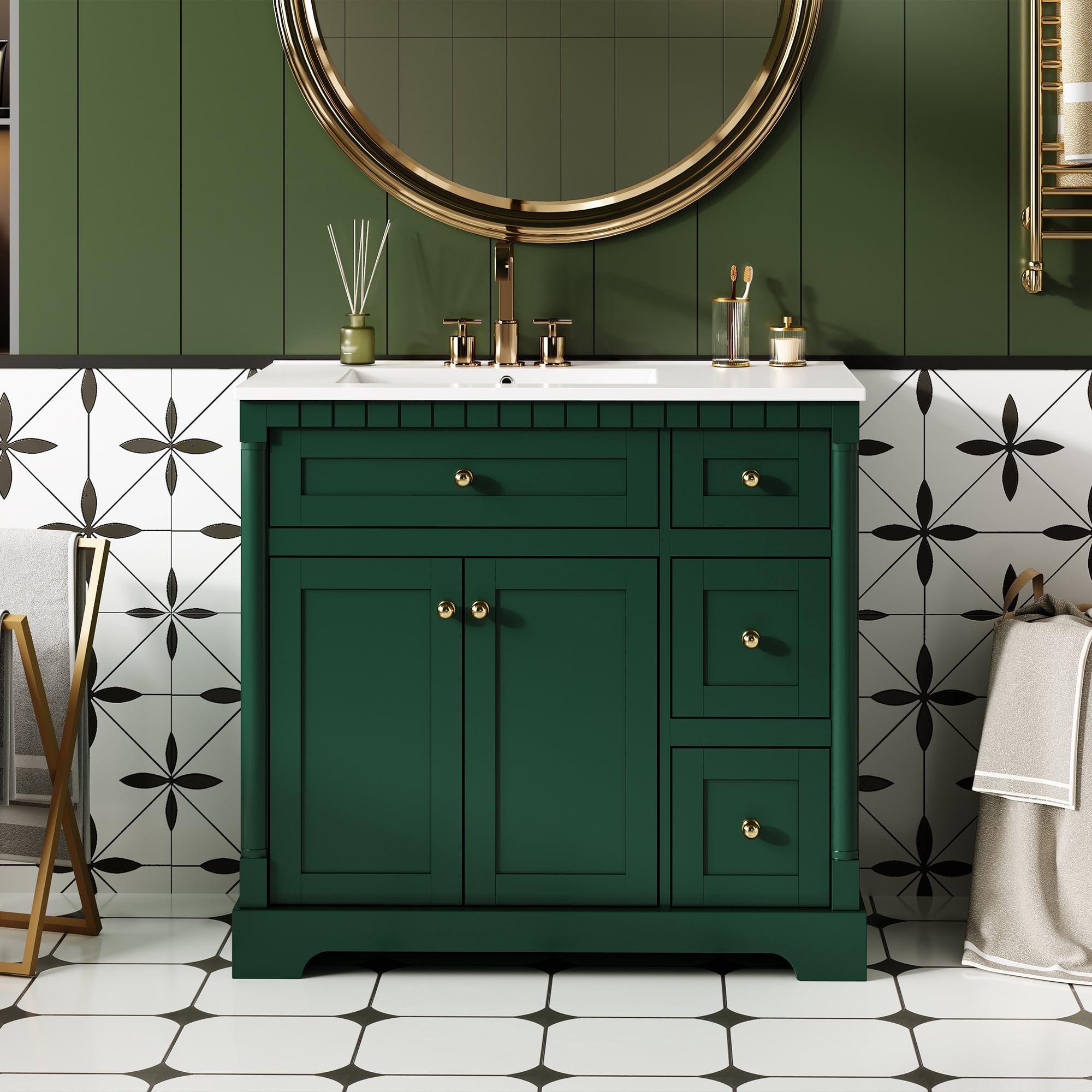 Euroco Vintage Green Bathroom Vanity with Tip-Out Drawer, Ceramic Sink ...