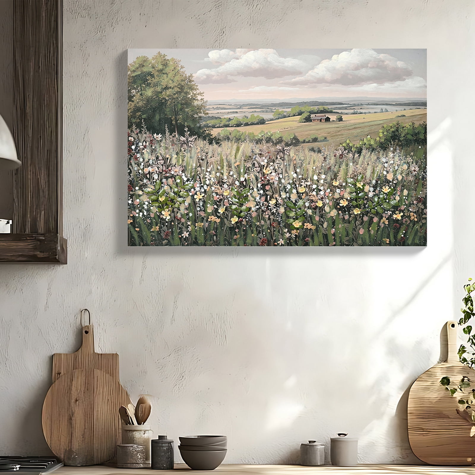 Euroco Vintage Landscape Wall Art, Framed Canvas Meadow with Flowers Art,Classical Wilderness Painting Hallway Decor,Painting Bedroom Bathroom Office, 24"x36"