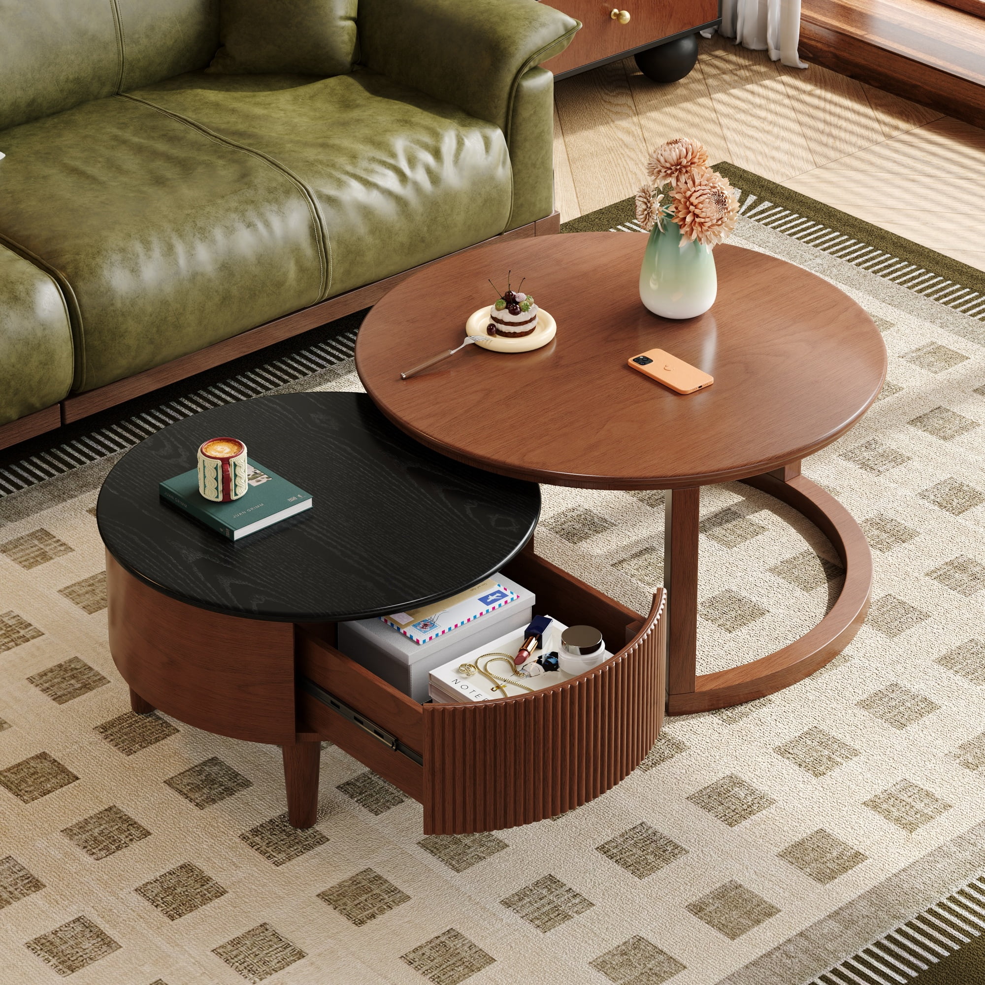 Euroco Vintage Round Nesting Coffee Table Fluted with Drawer in Black & Walnut in 31.5''