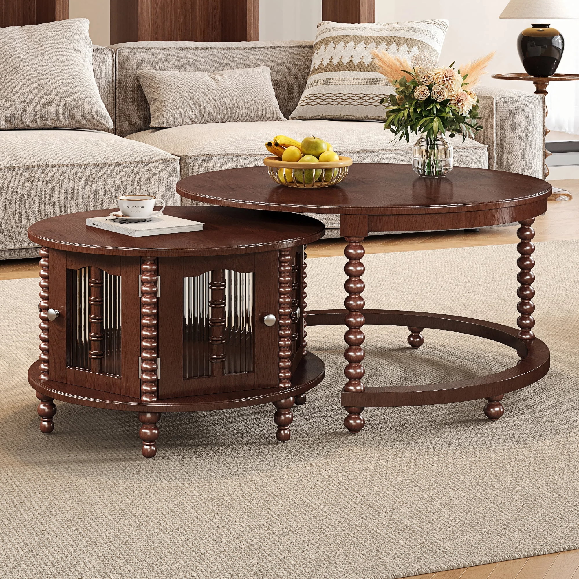 Euroco Vintage Round Nesting Coffee Table, Six Bamboo-shaped Decorative Glass Doors, Retro Beaded Legs, Walnut, 31.5"