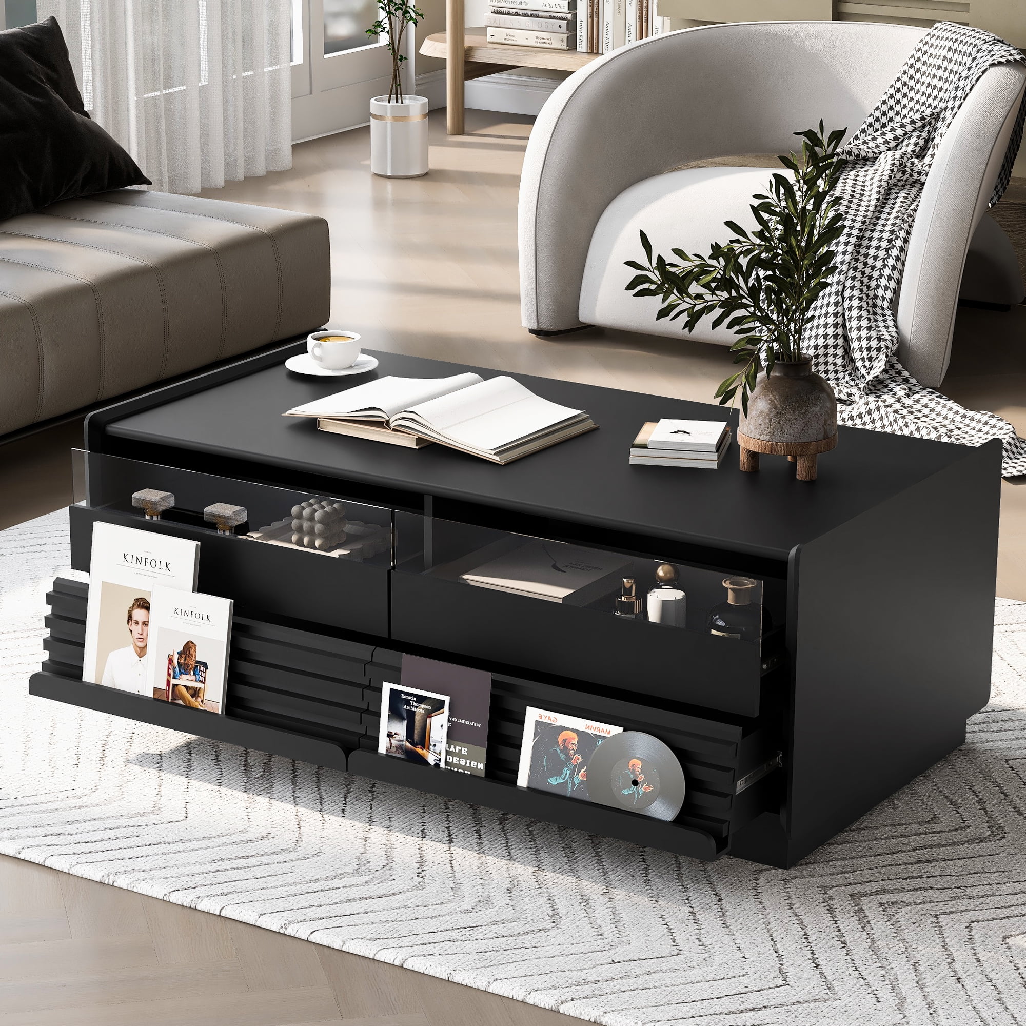 Euroco Vintage-Style Coffee Table with 4 Drawers and Open Shelves, Tempered Glass Drawer Fronts, MDF Wood Frame – Modern Living Room Storage Table, Easy Assembly