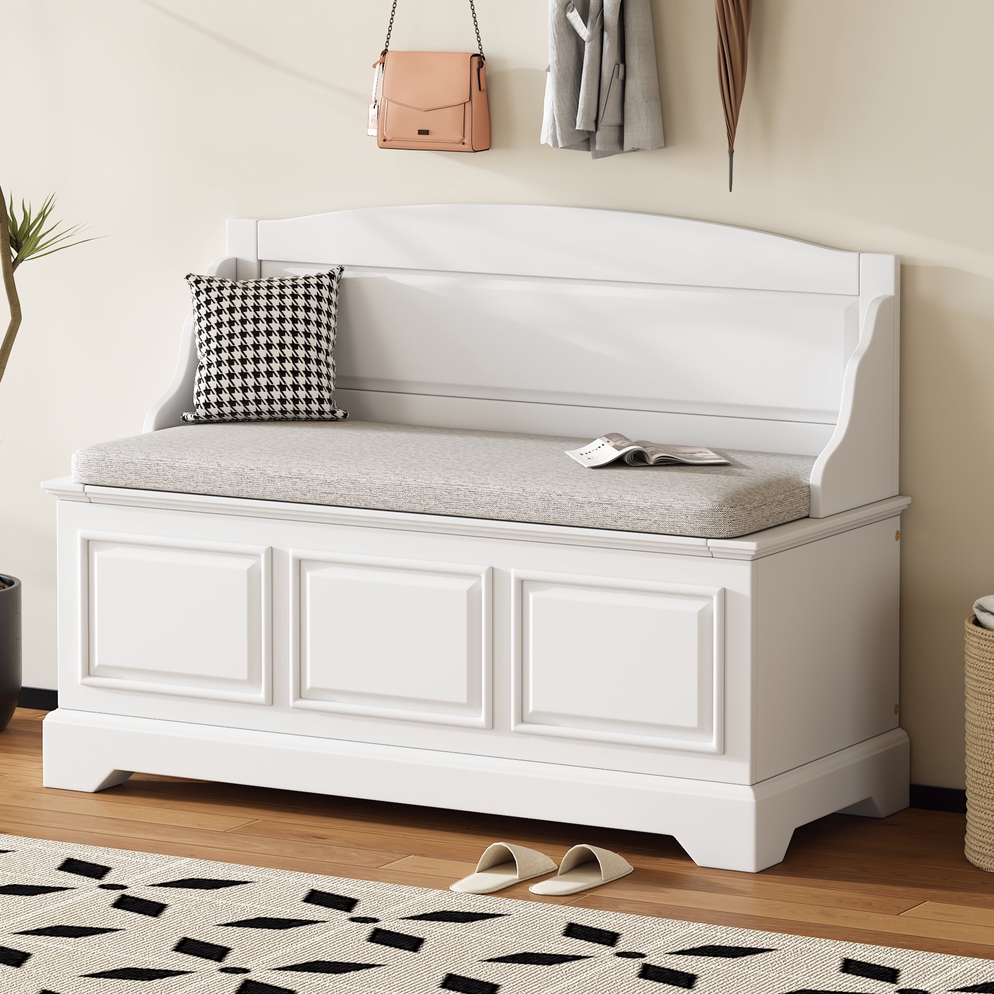 Euroco Vintage Wooden Shoe Storage Bench with Cushion, Carved Panel Design, Lift-Top Compartment, Entryway Seating