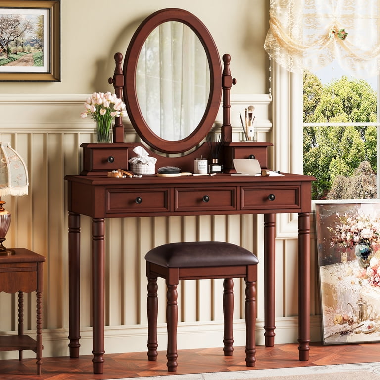Euroco Vintage Wooden Vanity Desk Set with Adjustable Mirror, Cushioned Stool & 5 Velvet-Lined Drawers, Solid Wood Makeup Table with Oval Mirror and Carved Details