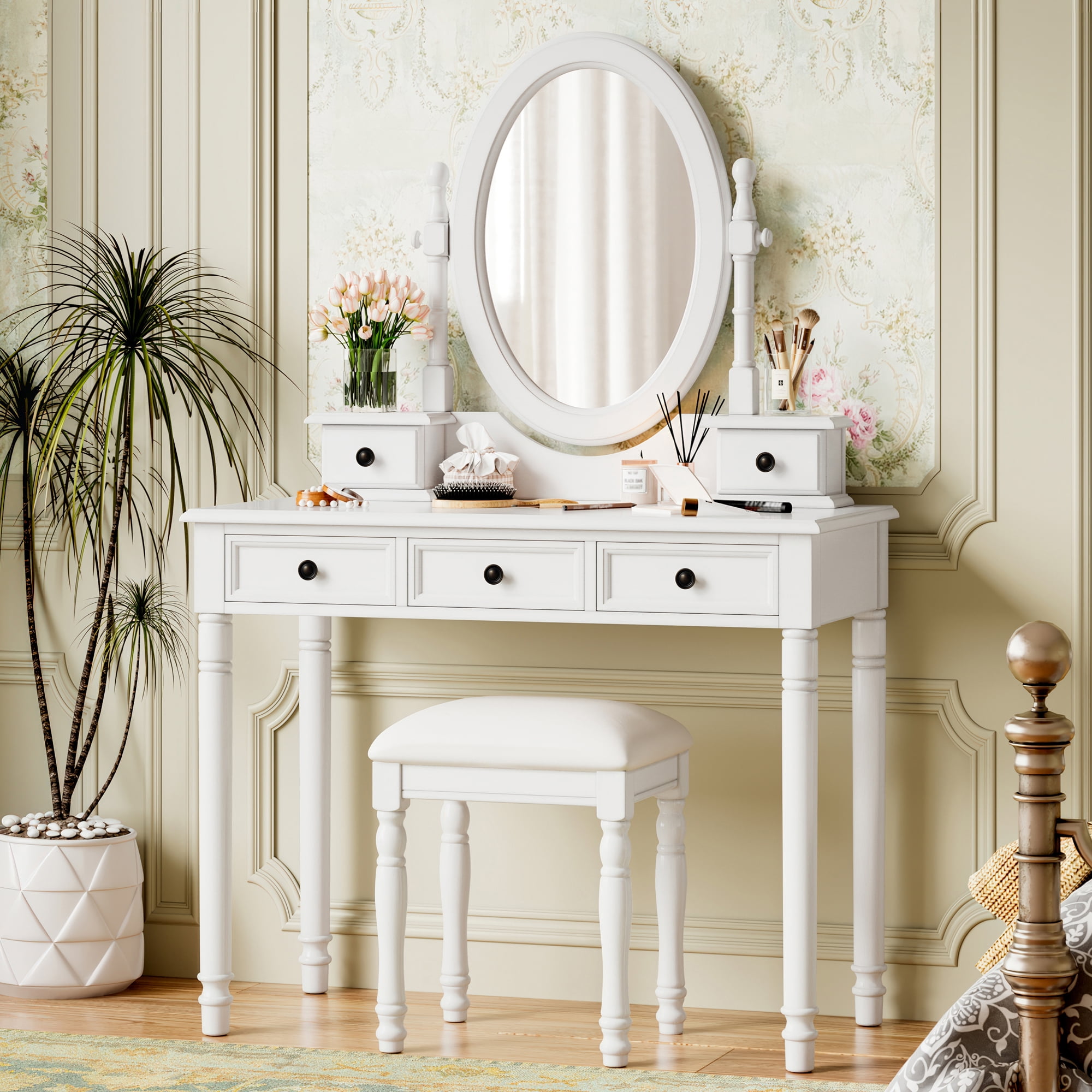 Euroco Vintage Wooden Vanity Desk Set with Adjustable Mirror, Cushioned Stool & 5 Velvet-Lined Drawers, Solid Wood Makeup Table with Oval Mirror and Carved Details