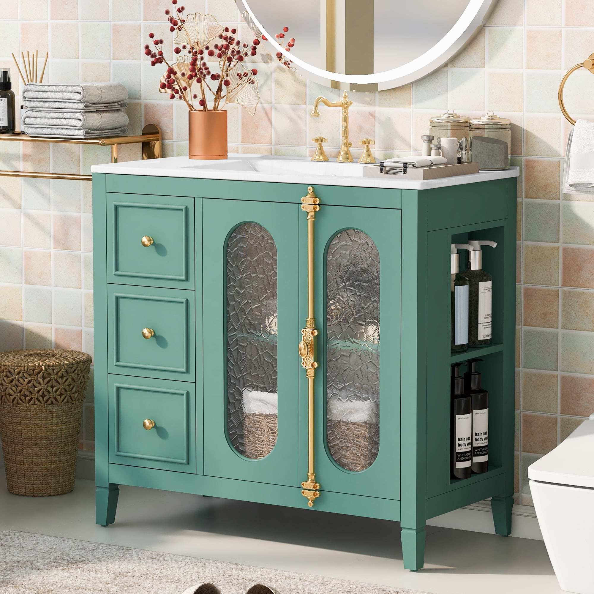 Euroco Wall-Mounted 30" Bathroom Vanity with Translucent Glass Doors, Ceramic Sink & 3 Drawers, Floating Modern Storage Cabinet