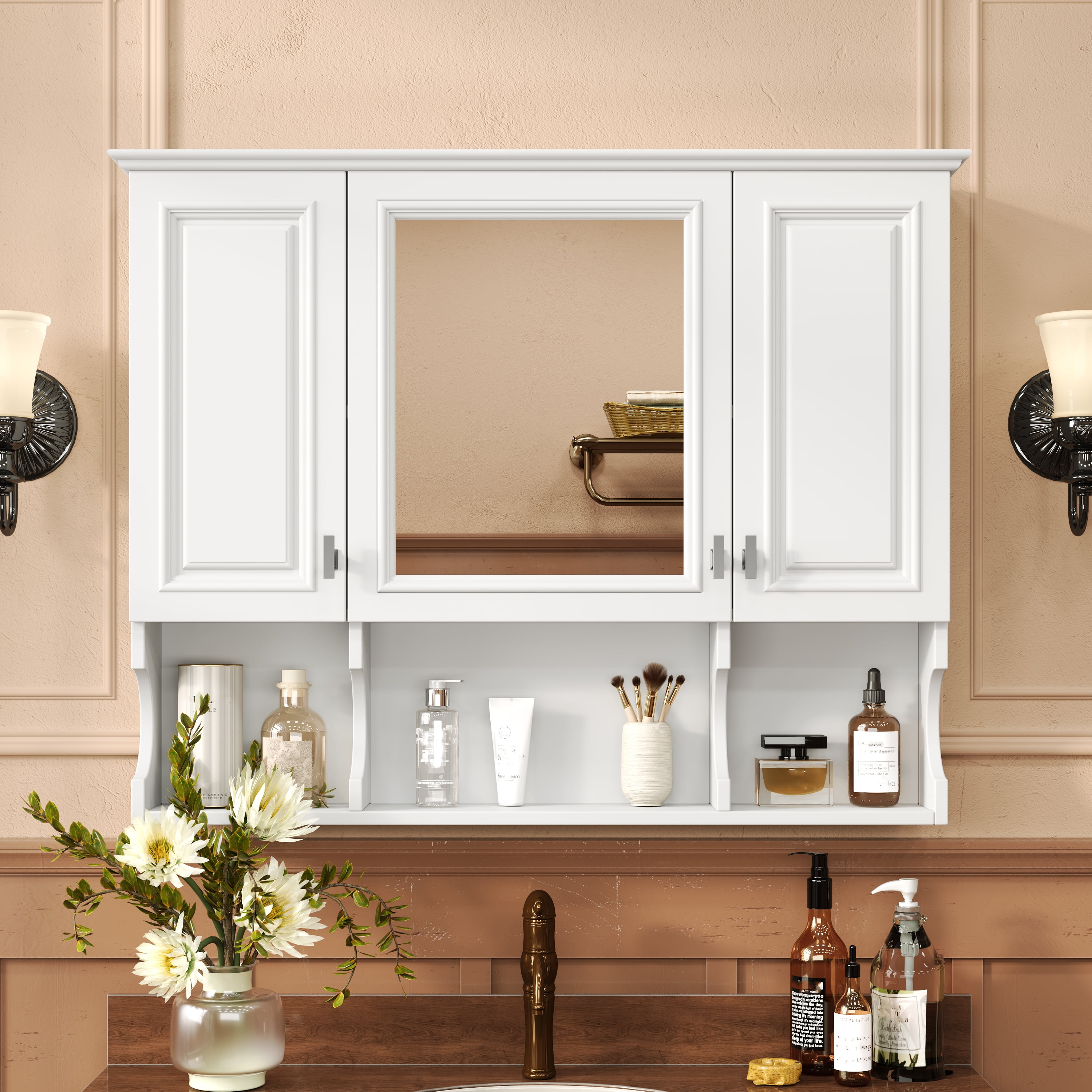 Euroco Wall-Mounted Bathroom Medicine Cabinet with Mirror, Adjustable Shelves, Waterproof MDF, Space-Saving Storage for Bathroom, Bedroom or Living Room, 35"x28.7"