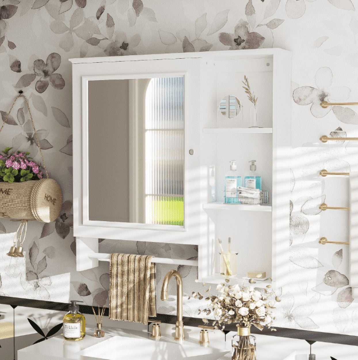Euroco Wall Mounted Bathroom Storage Cabinet, Medicine Cabinets with large mirror door, adjustable shelves and three open storage levels(Not Include Bathroom Vanity )