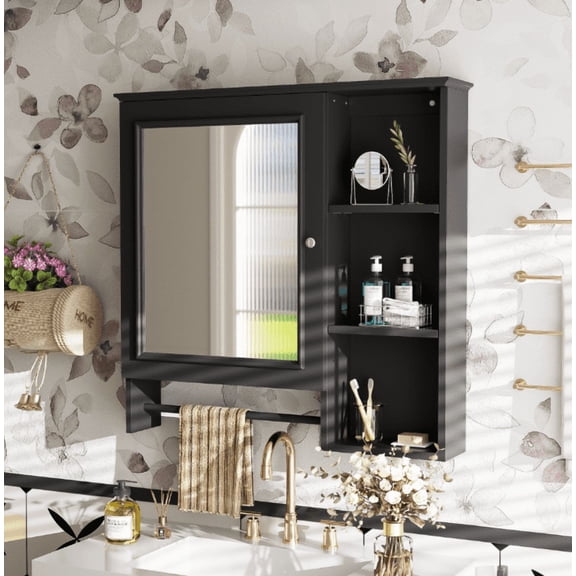 Euroco Wall Mounted Bathroom Storage Cabinet, Medicine Cabinets with large mirror door, adjustable shelves and three open storage levels(Not Include Bathroom Vanity )
