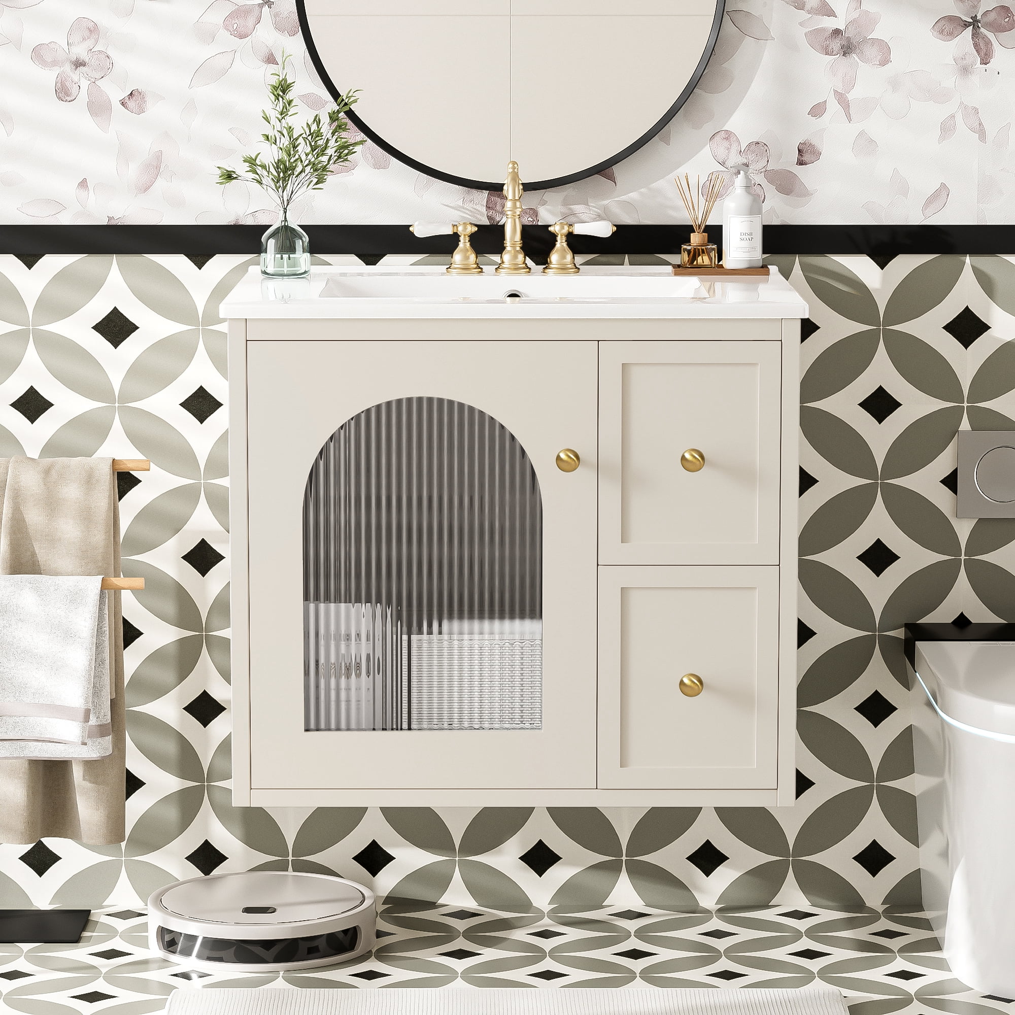 Euroco Wall-Mounted Bathroom Vanity with Ceramic Sink – Glass Door Cabinet, 2 Drawers, Overflow Drain, Easy Assembly & Modern Minimalist Design