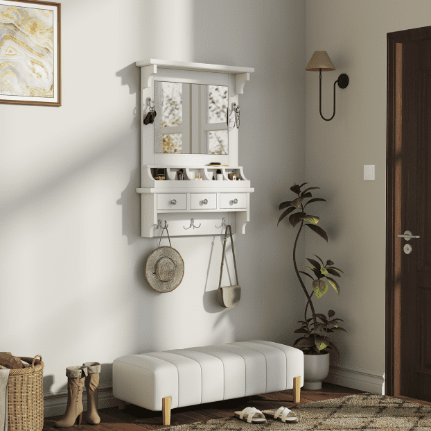 Euroco Wall-Mounted Floating Makeup Vanity with HD Mirror, Drawers, Hooks & Storage Pockets, Pre-Assembled Organizer for Entryway, Bedroom or Bathroom