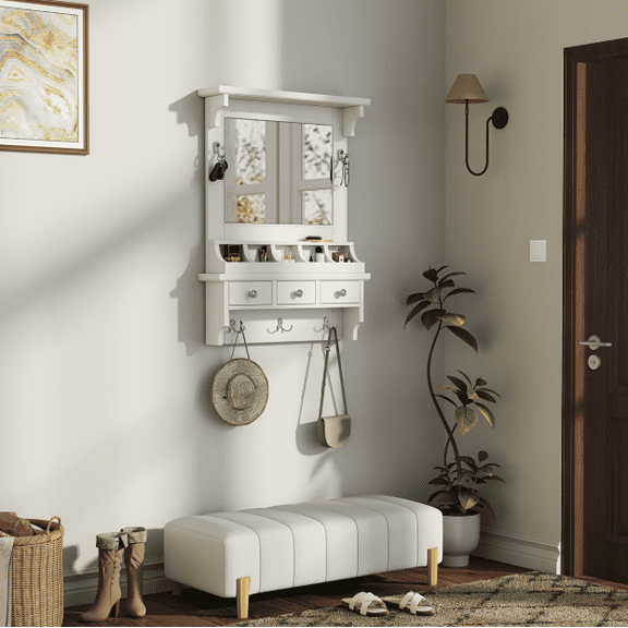 Euroco Wall-Mounted Floating Makeup Vanity with HD Mirror, Drawers, Hooks & Storage Pockets, Pre-Assembled Organizer for Entryway, Bedroom or Bathroom