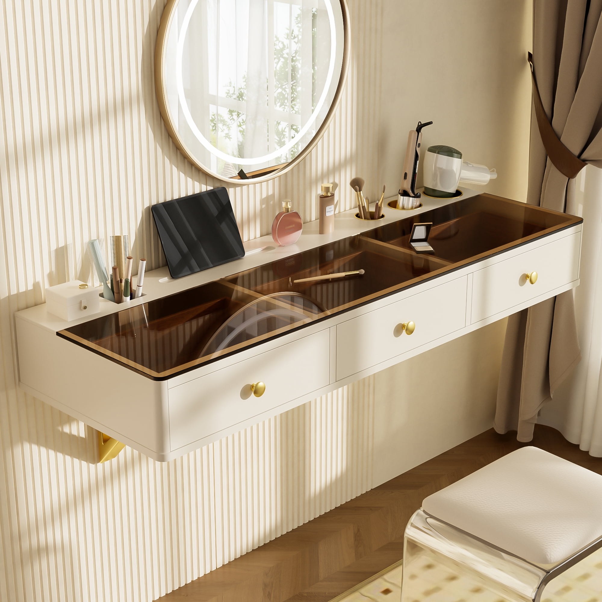 Euroco Wall-Mounted Multifunctional Vanity Table with Storage Drawers, Phone Holder & Black Glass Finish, Space-Saving Makeup Desk