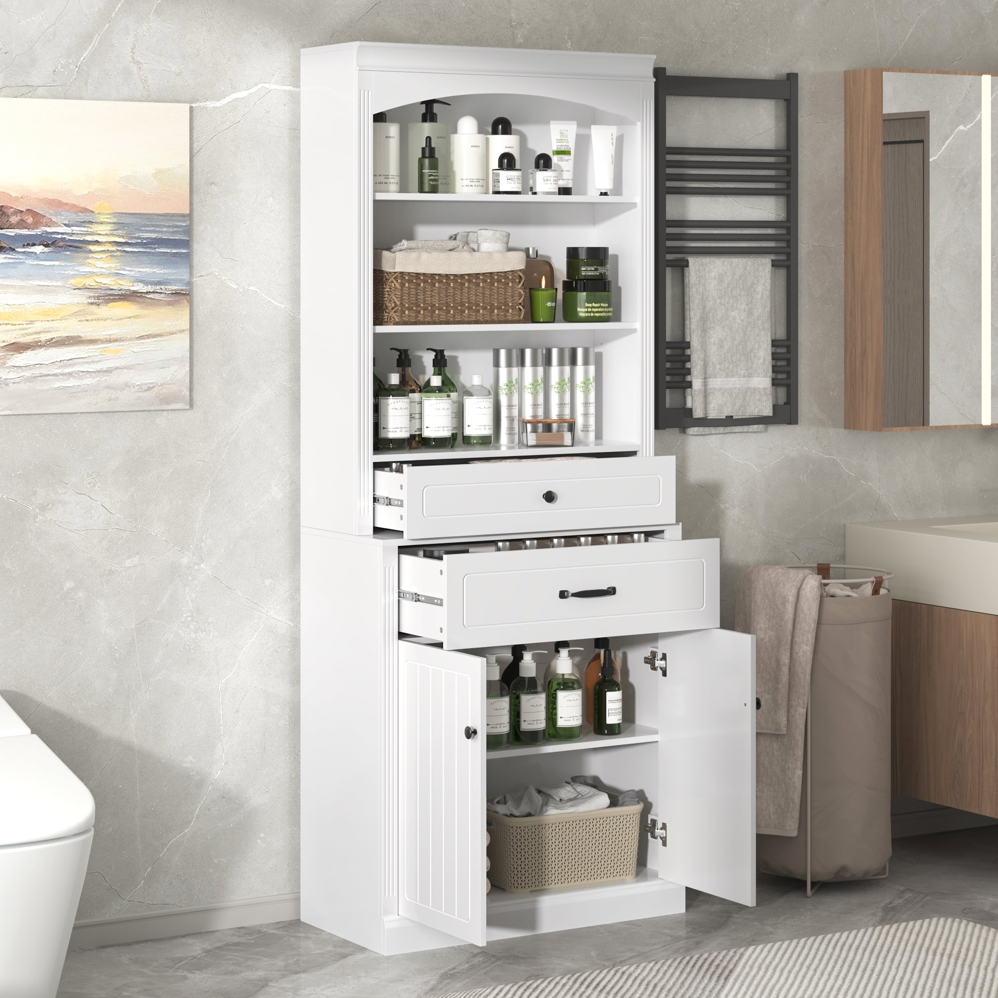 Euroco White Bathroom Storage Cabinet with Two Doors, Drawers, Adjustable Shelf & Three Open Shelves – Durable MDF Construction