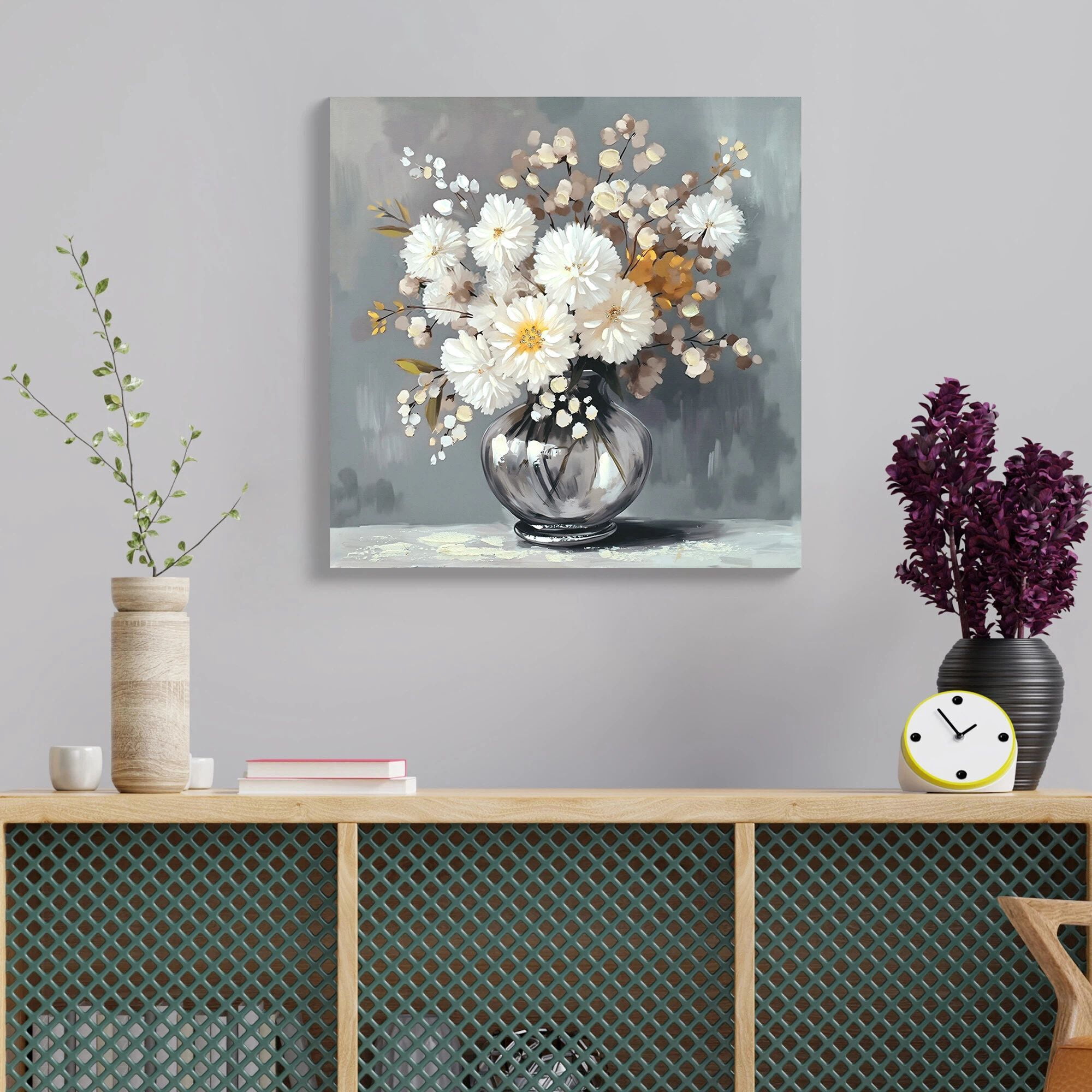 Euroco White Chrysanthemum Glass Vase Canvas Wall Art, Vintage Artwork Country Style Wall Decor Pictures,Botanical Posters Prints for Bathroom Bedroom Decoration,24x24inch