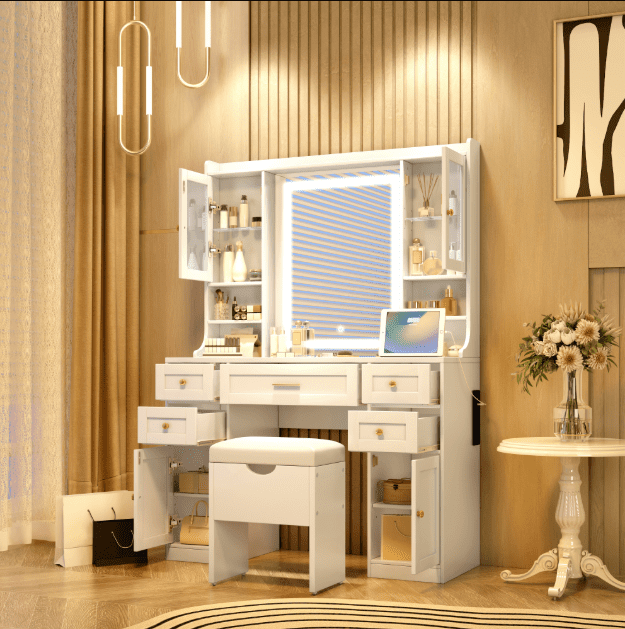 Euroco White Makeup Vanity with Lighted Mirror, 5 Drawers, 2 Cabinets and Charging Station, Vintage Style Dresser for Bedroom