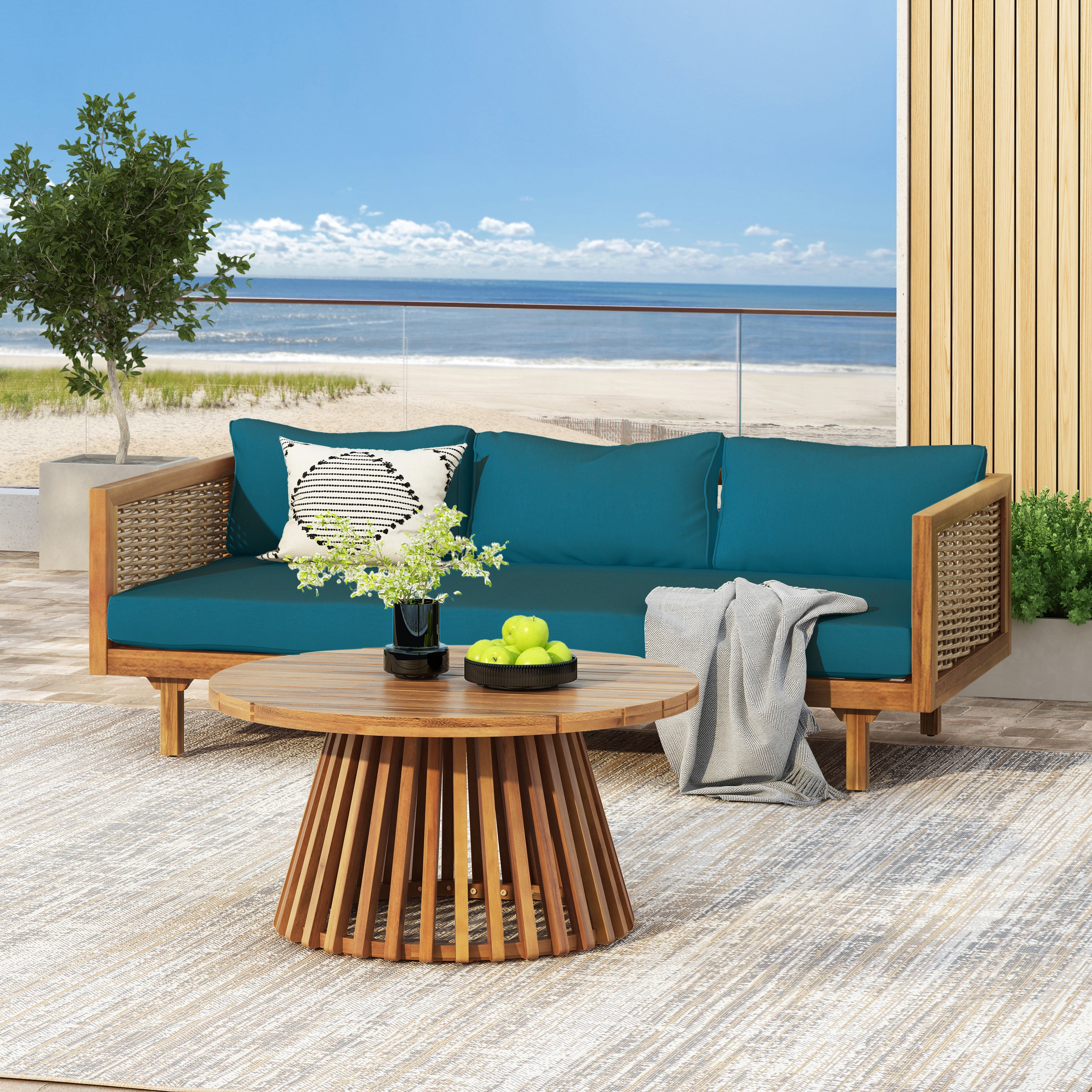 Euroco Wicker Patio Furniture Set Outdoor Rattan Sectional Sets Conversation Set - Weather-Resistant, for Garden, Patio & Deck(with Water Resistant Thick Dark Teal Cushions)