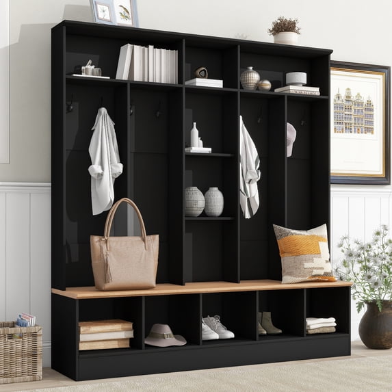 Euroco Wide Design Hall Tree with Storage Bench, Minimalist Shoe Cabinet with Cube Storage & Shelves, Multifunctional Coat Rack with 8 Hooks for Entryways, Mudroom