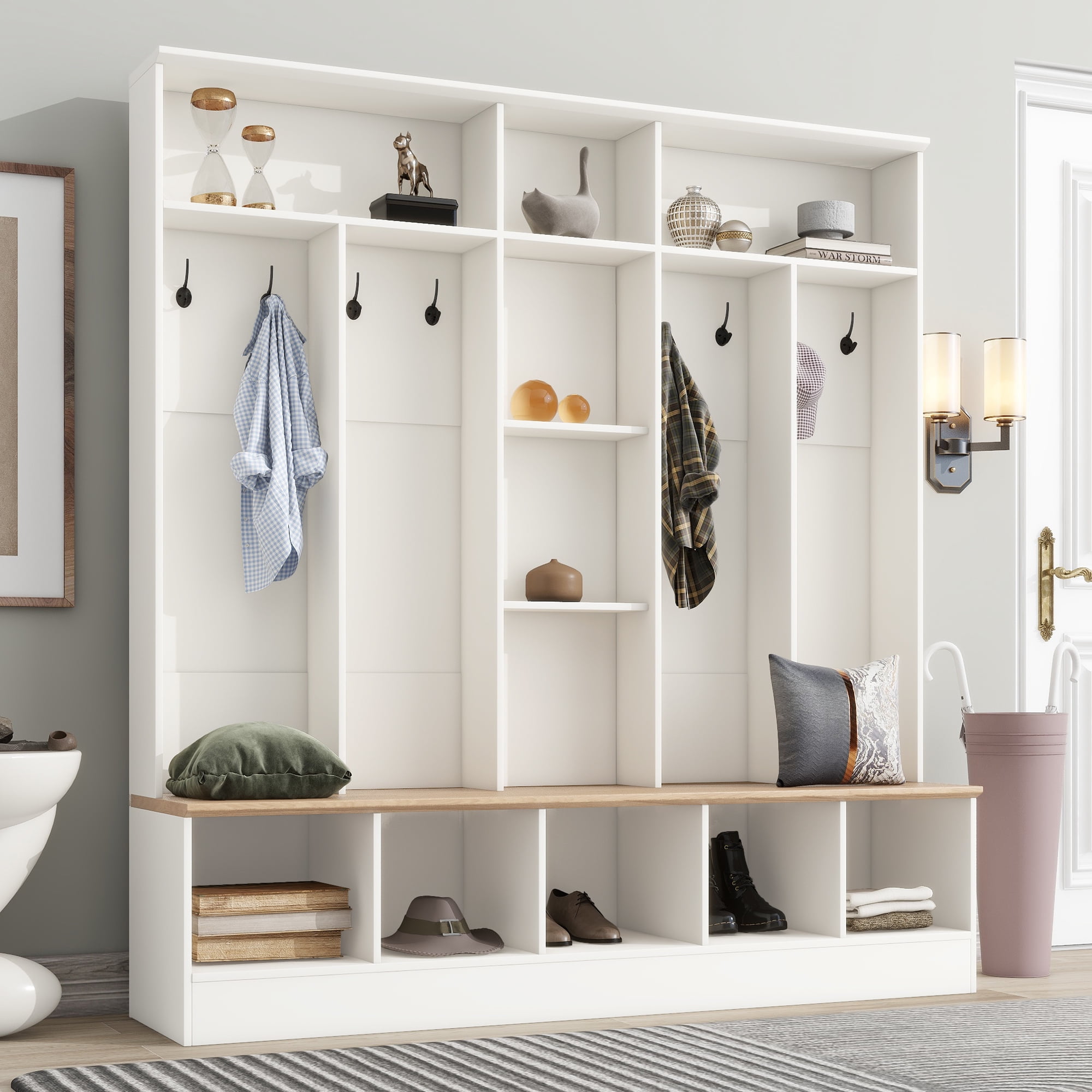 Euroco Wide Design Hall Tree with Storage Bench, Minimalist Shoe Cabinet with Cube Storage & Shelves, Multifunctional Coat Rack with 8 Hooks for Entryways, Mudroom
