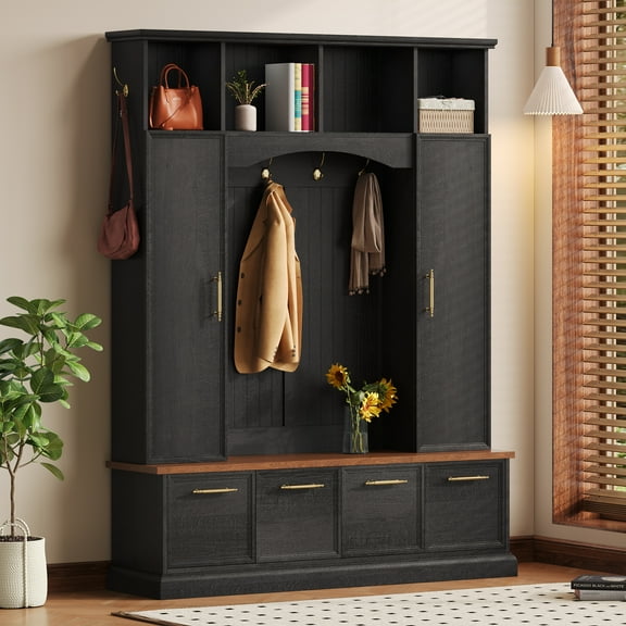 Euroco Wide Hall Tree with Golden Hooks & Handles, Practical Entryway Walnut Bench with Adjustable Shelves, 76.7"H Farmhouse Wooden Style Coat & Shoe Rack for Mudroom, Living Room, Black
