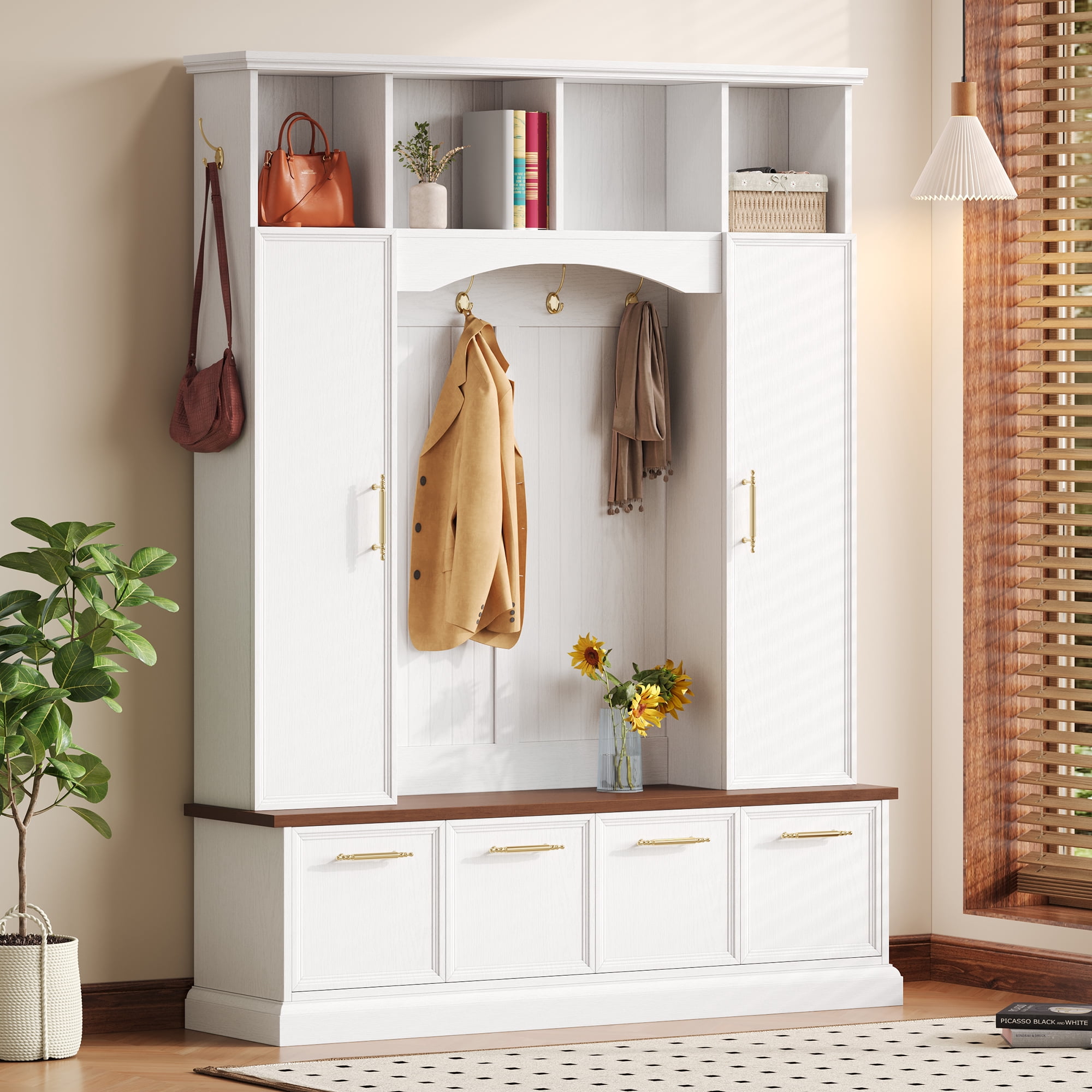 Euroco Wide Hall Tree with Golden Hooks & Handles, Practical Entryway Walnut Bench with Adjustable Shelves, 76.7"H Farmhouse Wooden Style Coat & Shoe Rack for Mudroom, Living Room, White
